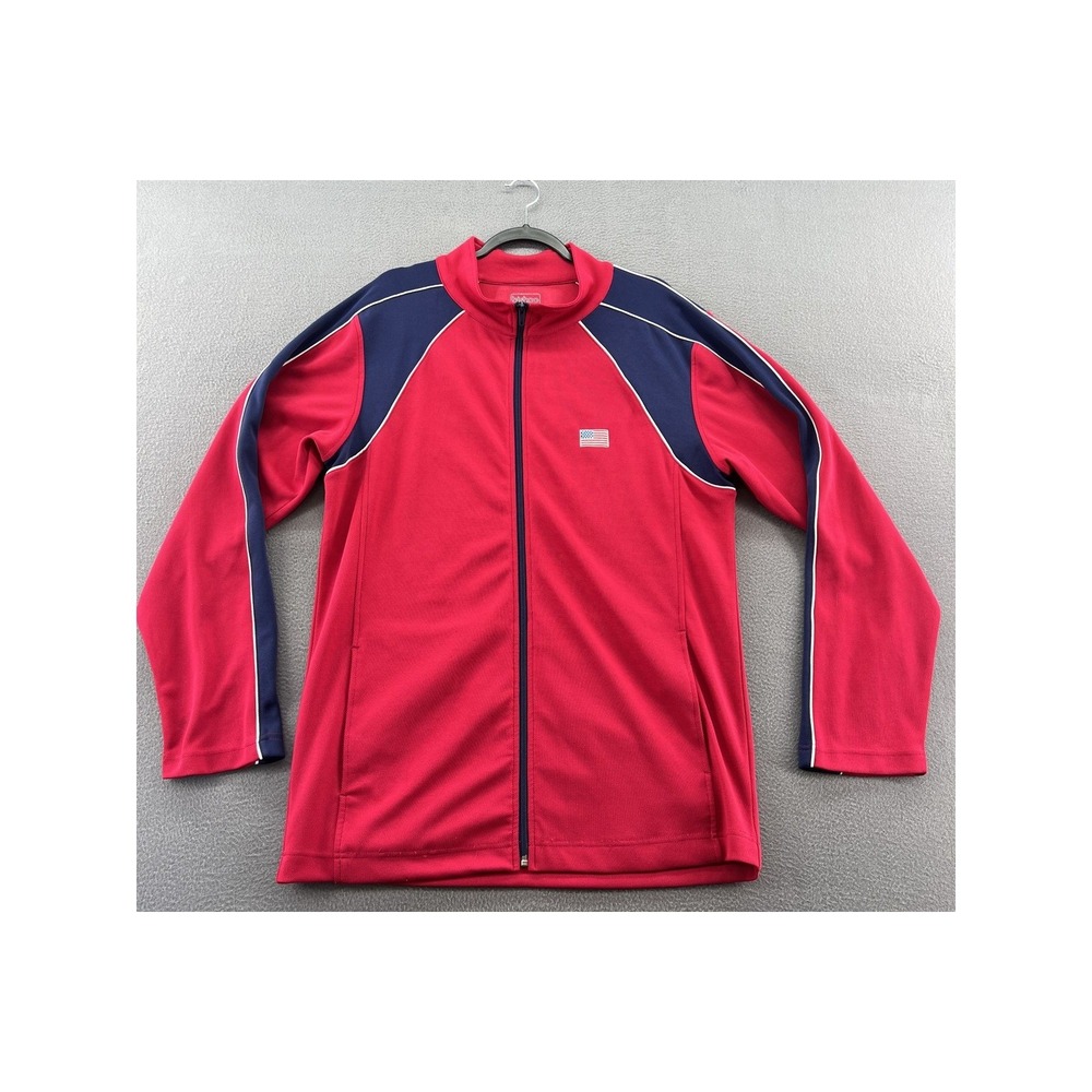 Bishop Track Jacket Mens Sz L USA Red Navy Blue Full Zip American Flag